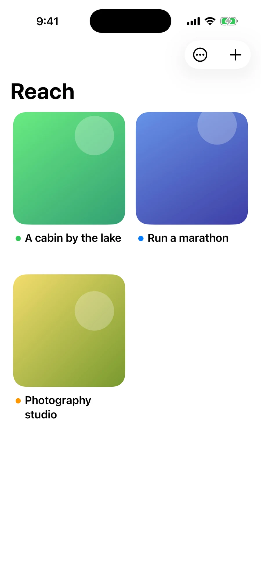 The Reach home screen: three reaches shown as colored tiles, titled A cabin by the lake, Run a marathon, and Photography studio.