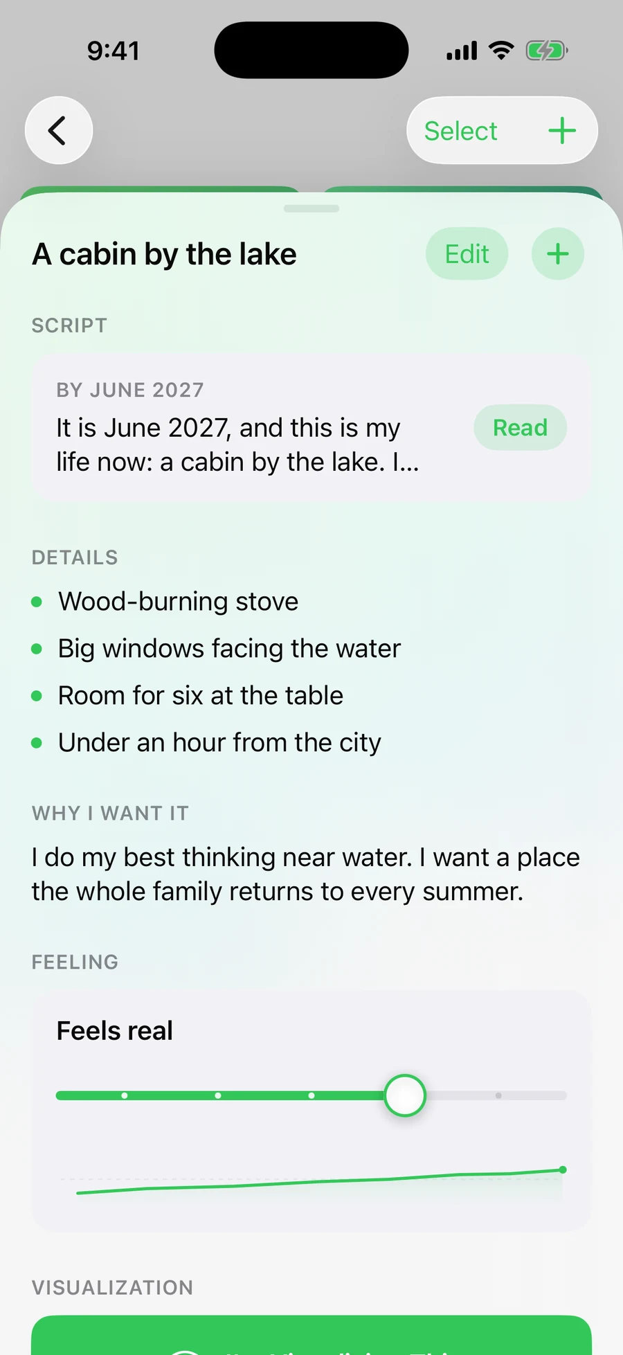 The reach drawer in Reach, showing the script, the details, why I want it, and a feeling slider with a chart of readings over time.